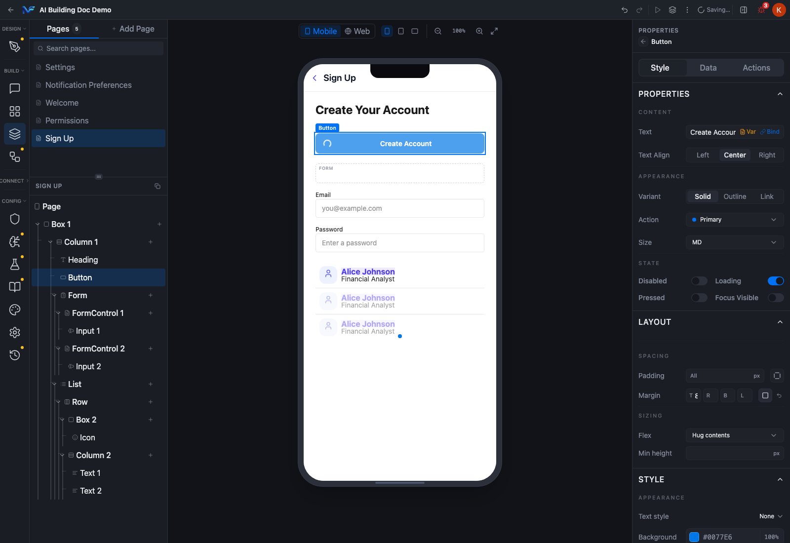 Loading and Disabled toggles changing the canvas button