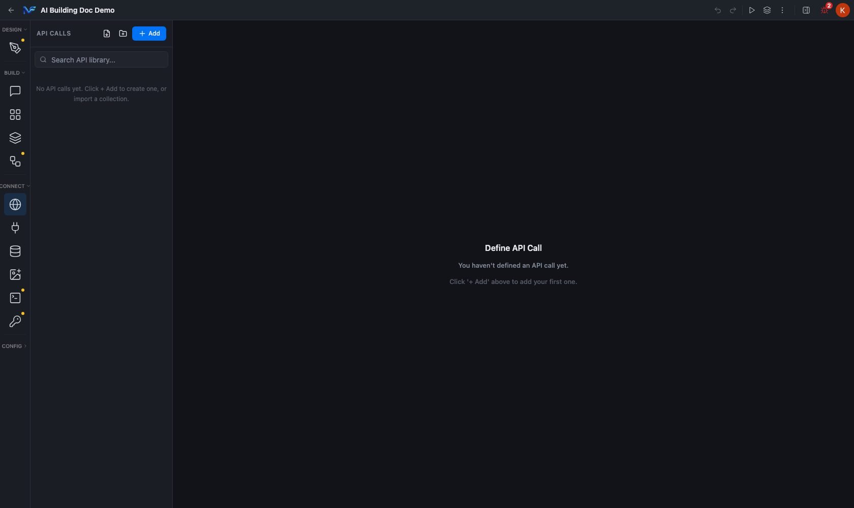 The API Calls pane before any call is defined