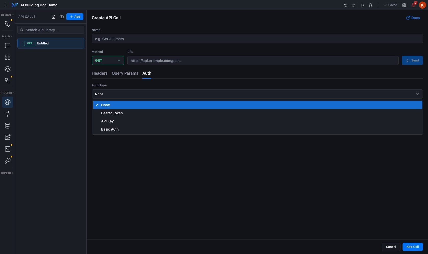 The four auth types offered on an API call