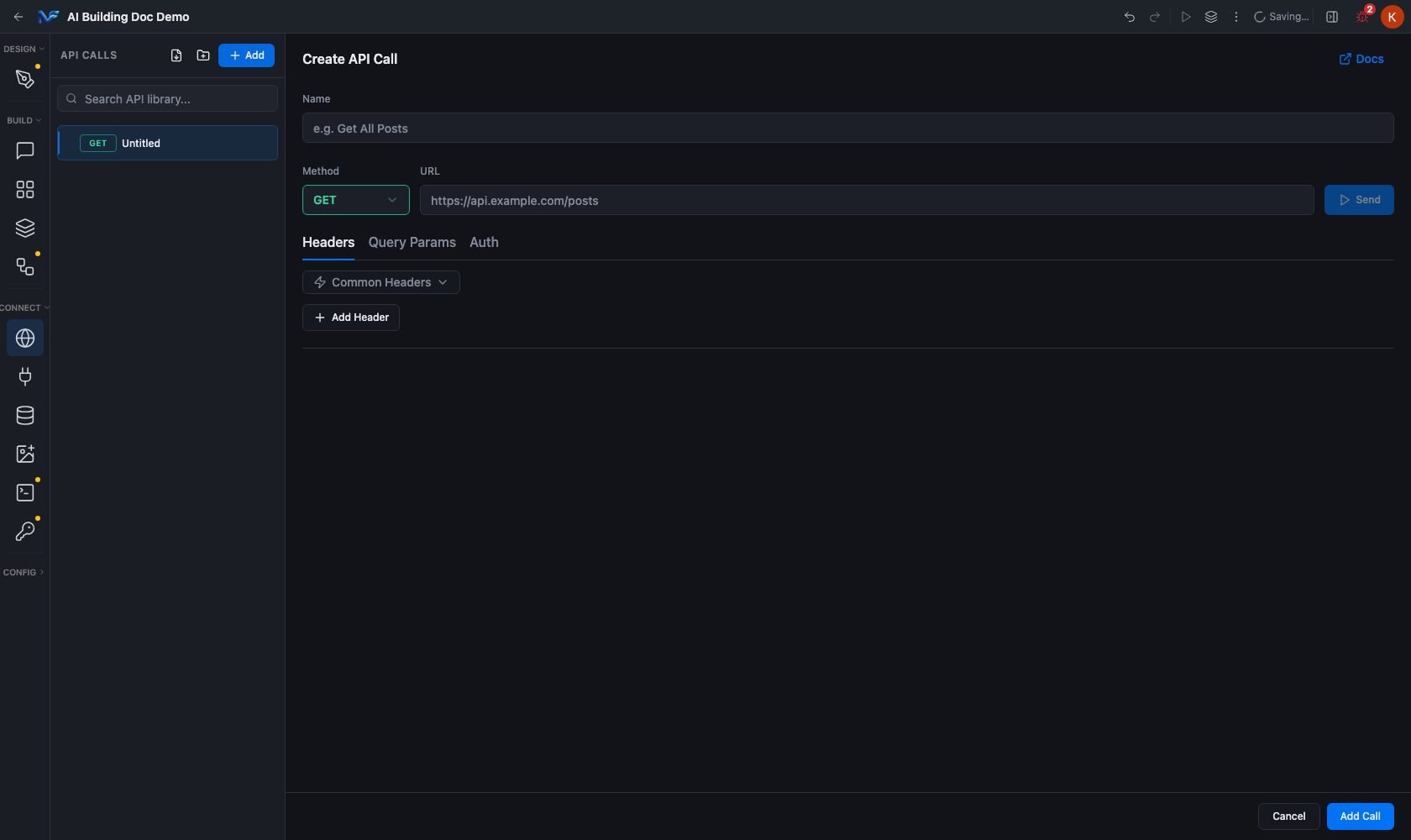 The Create API Call form
