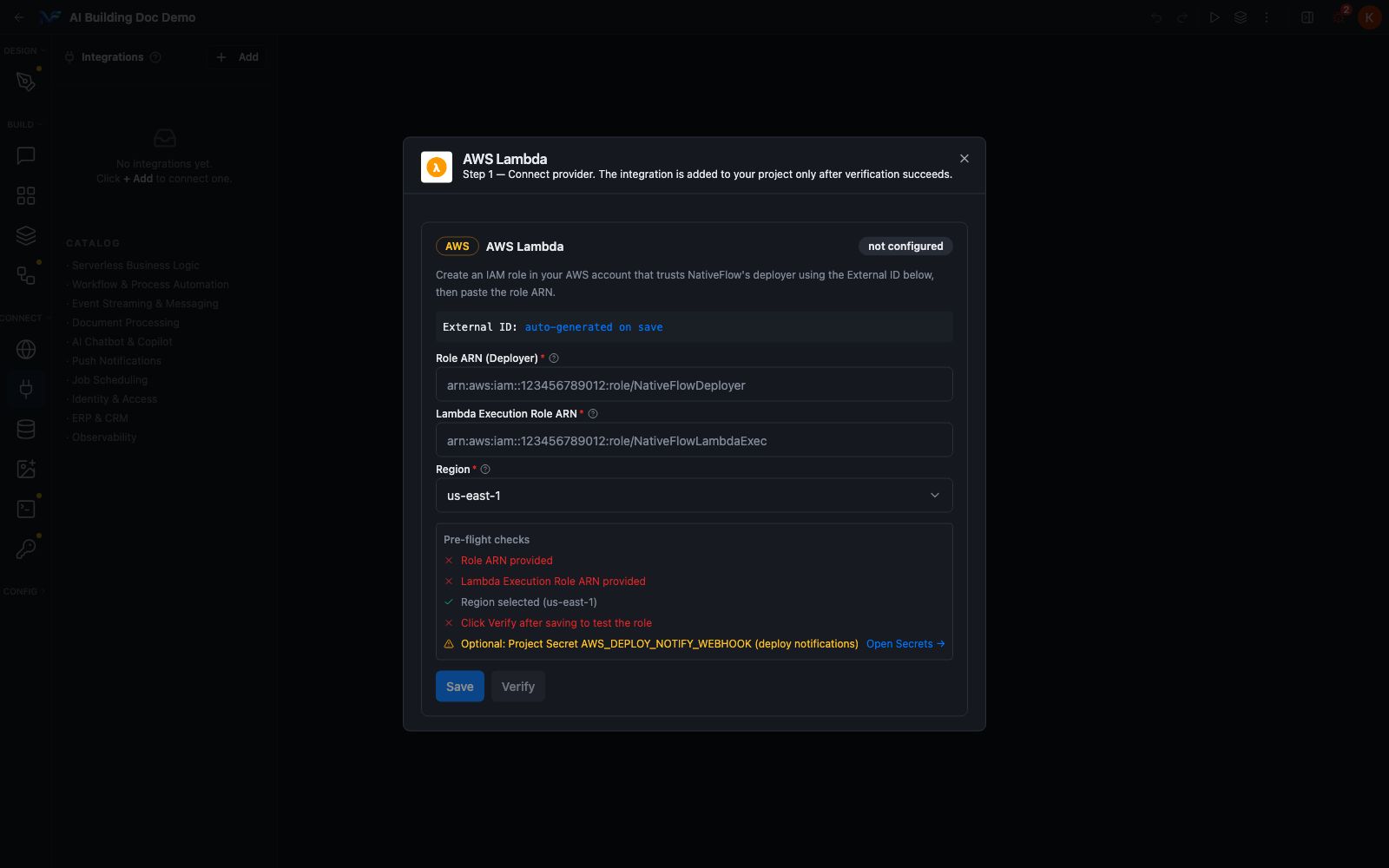 The AWS Lambda connect form