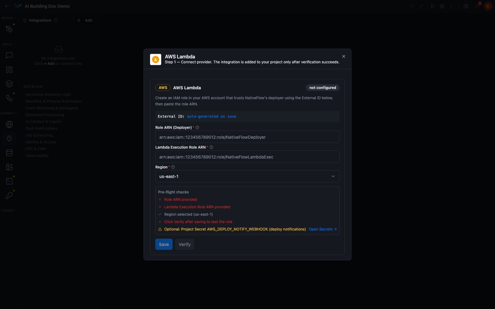 The AWS Lambda connect form