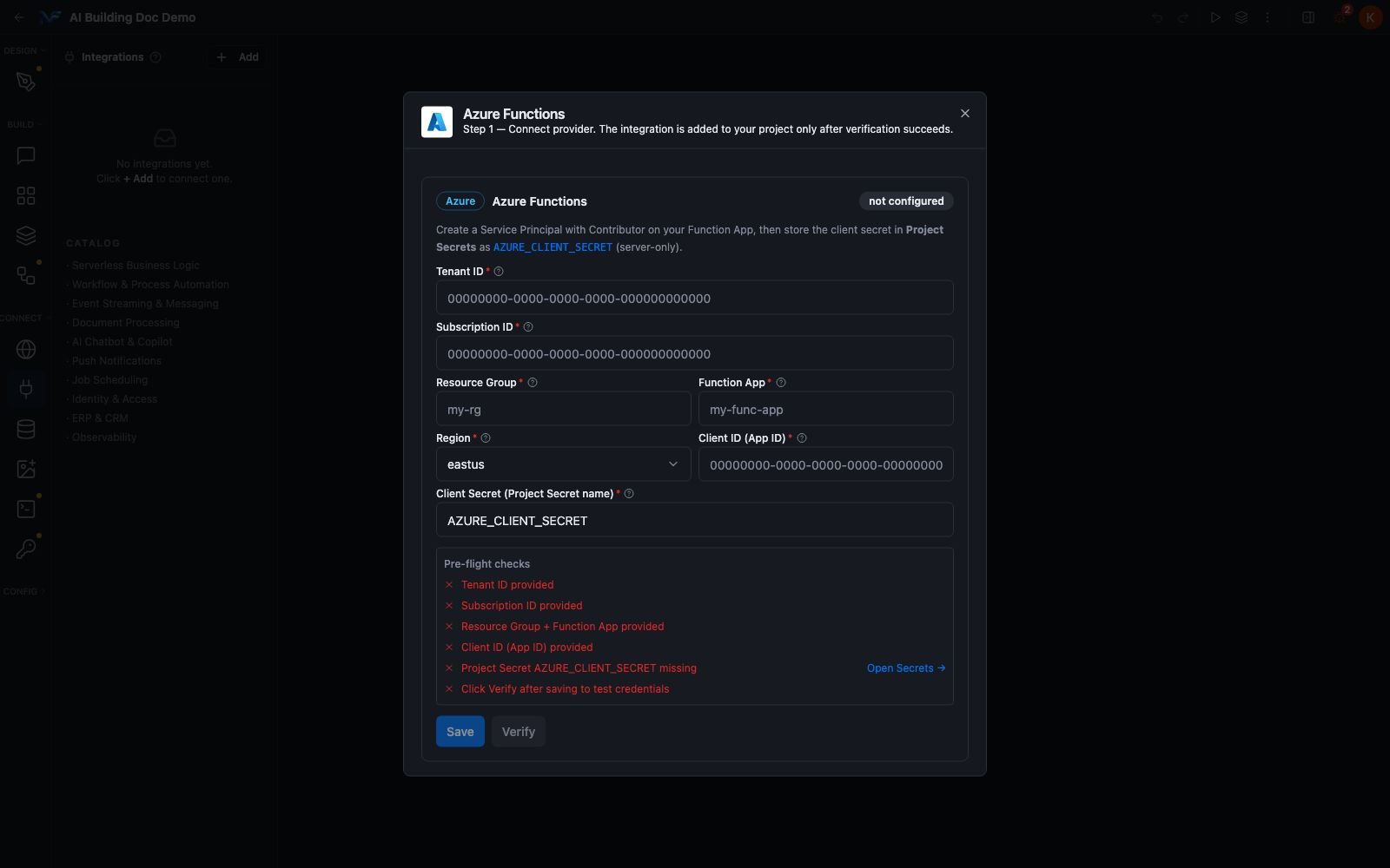 The Azure Functions connect form