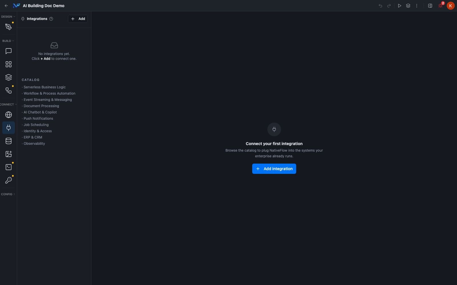 The empty Integrations pane