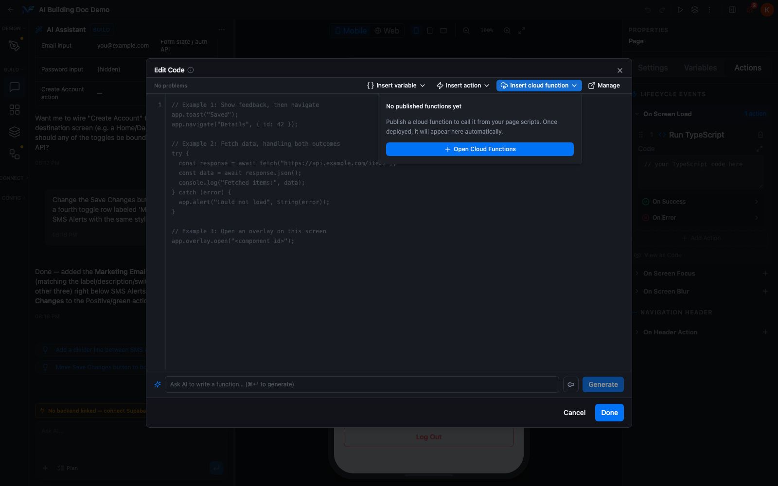 The Insert cloud function popover
