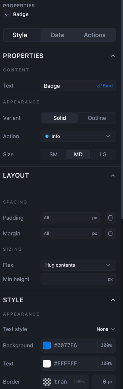 Properties panel for a selected Badge