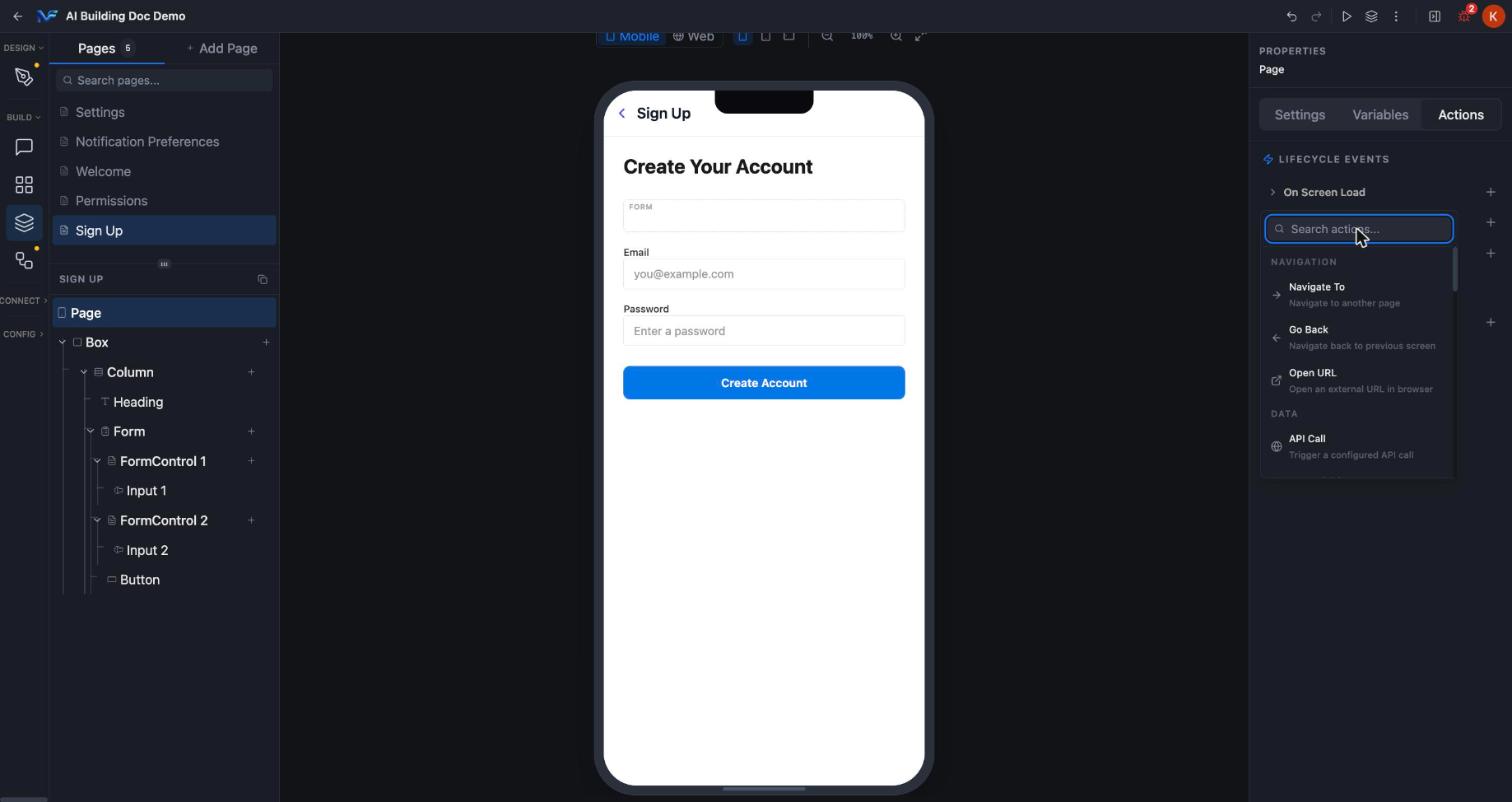 Searchable action picker grouped by category