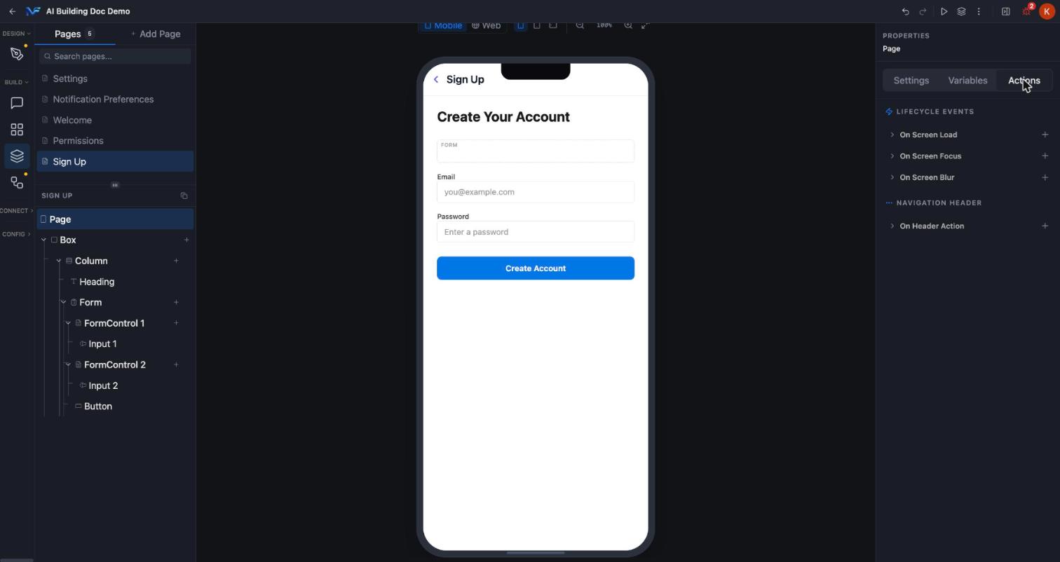 Actions tab with lifecycle events and the navigation header group