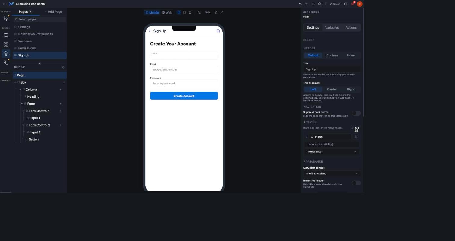 Header icon configured in the Settings tab