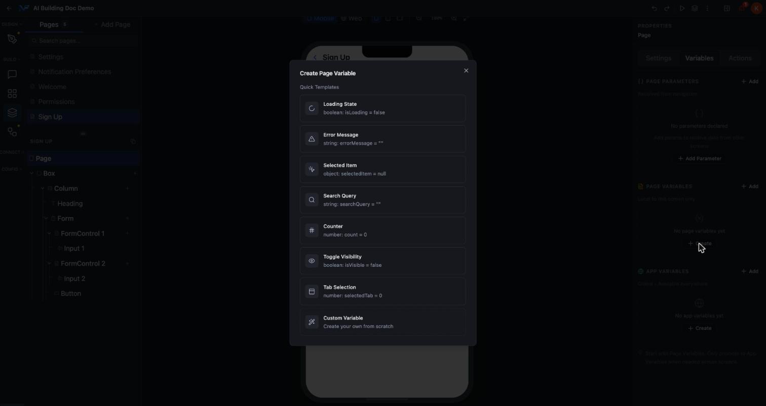 Create Page Variable dialog with eight templates