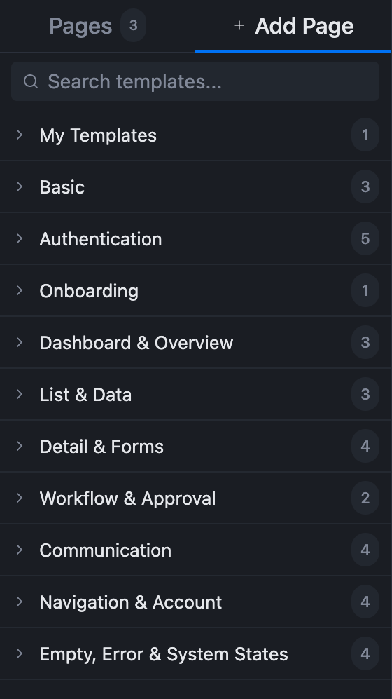 The Add Page template picker with its categories