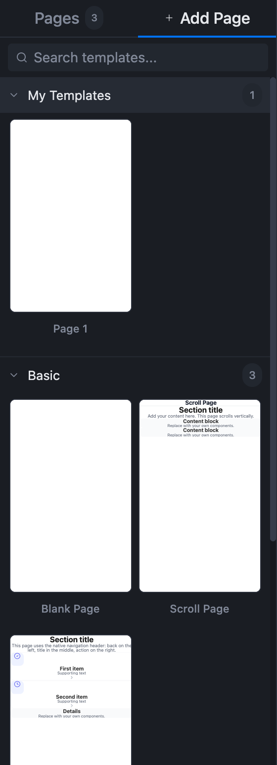 The My Templates group in the Add Page tab