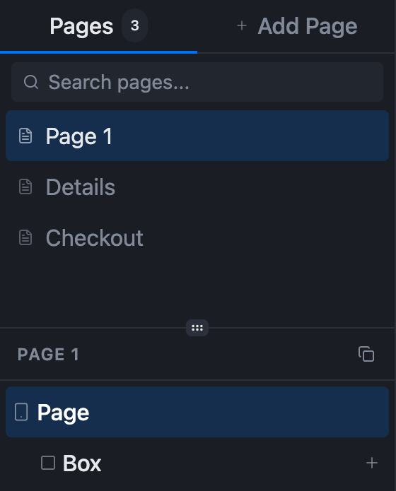 The Pages list and the active page's component tree
