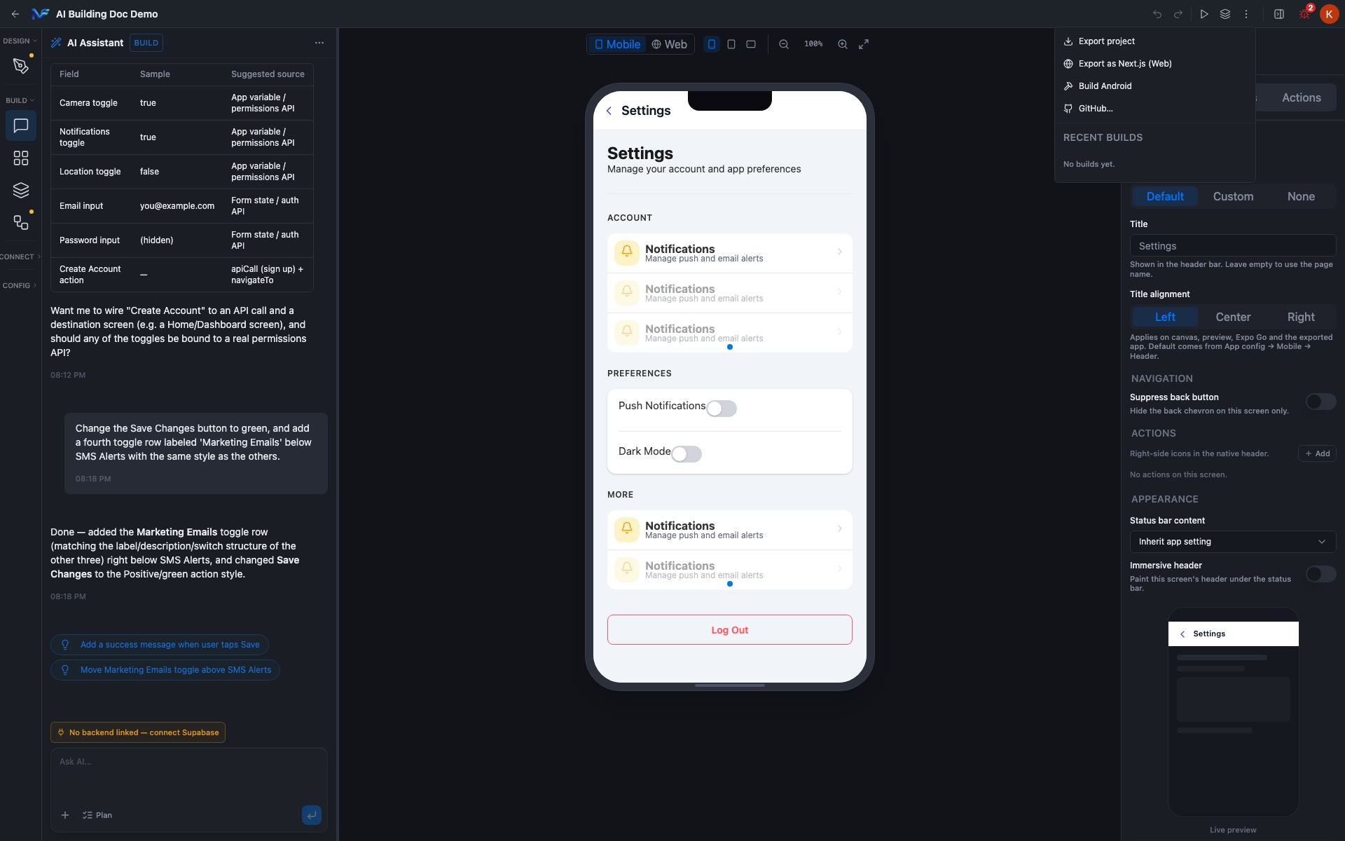 The build and export menu
