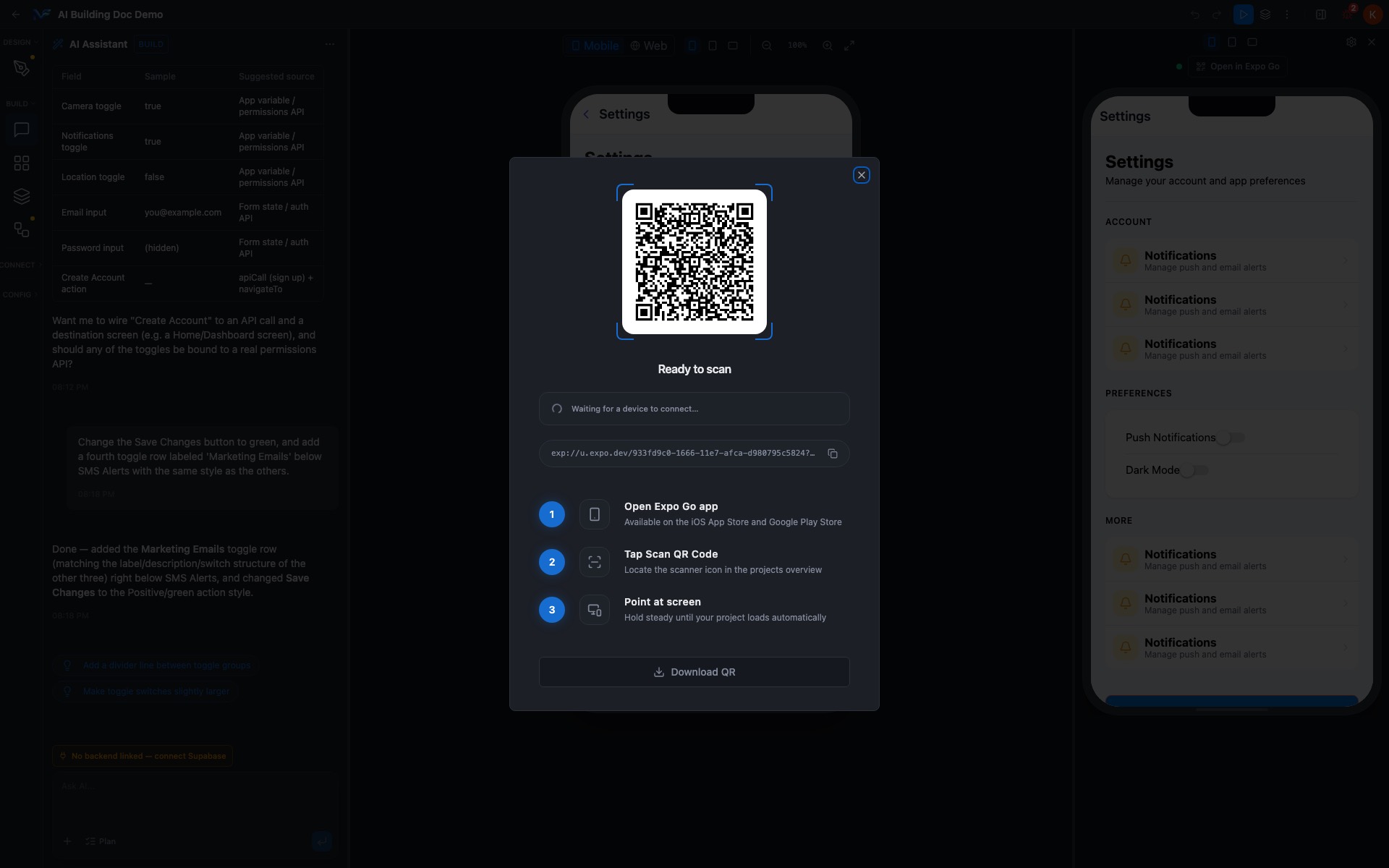 The Open in Expo Go dialog