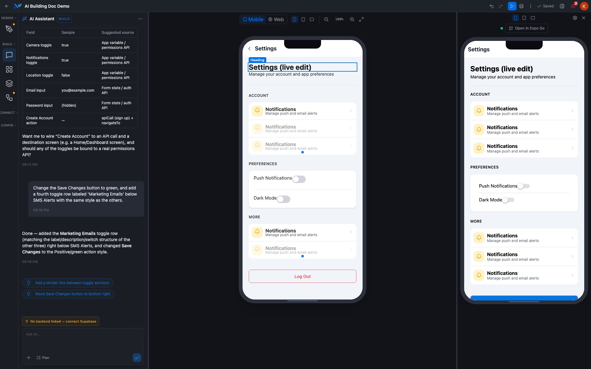 A live edit landing in the running preview