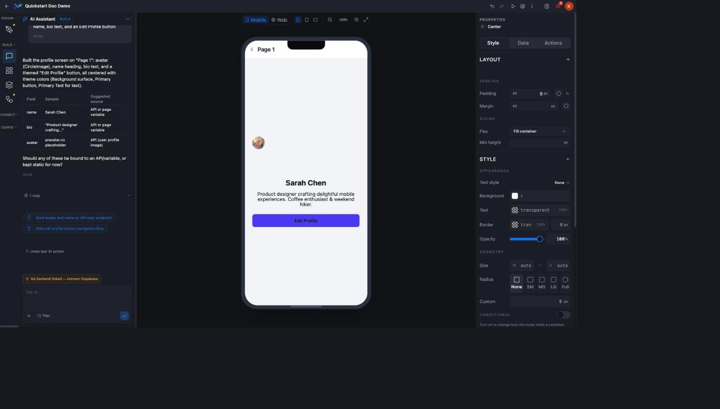Generated profile screen and the AI Assistant reply