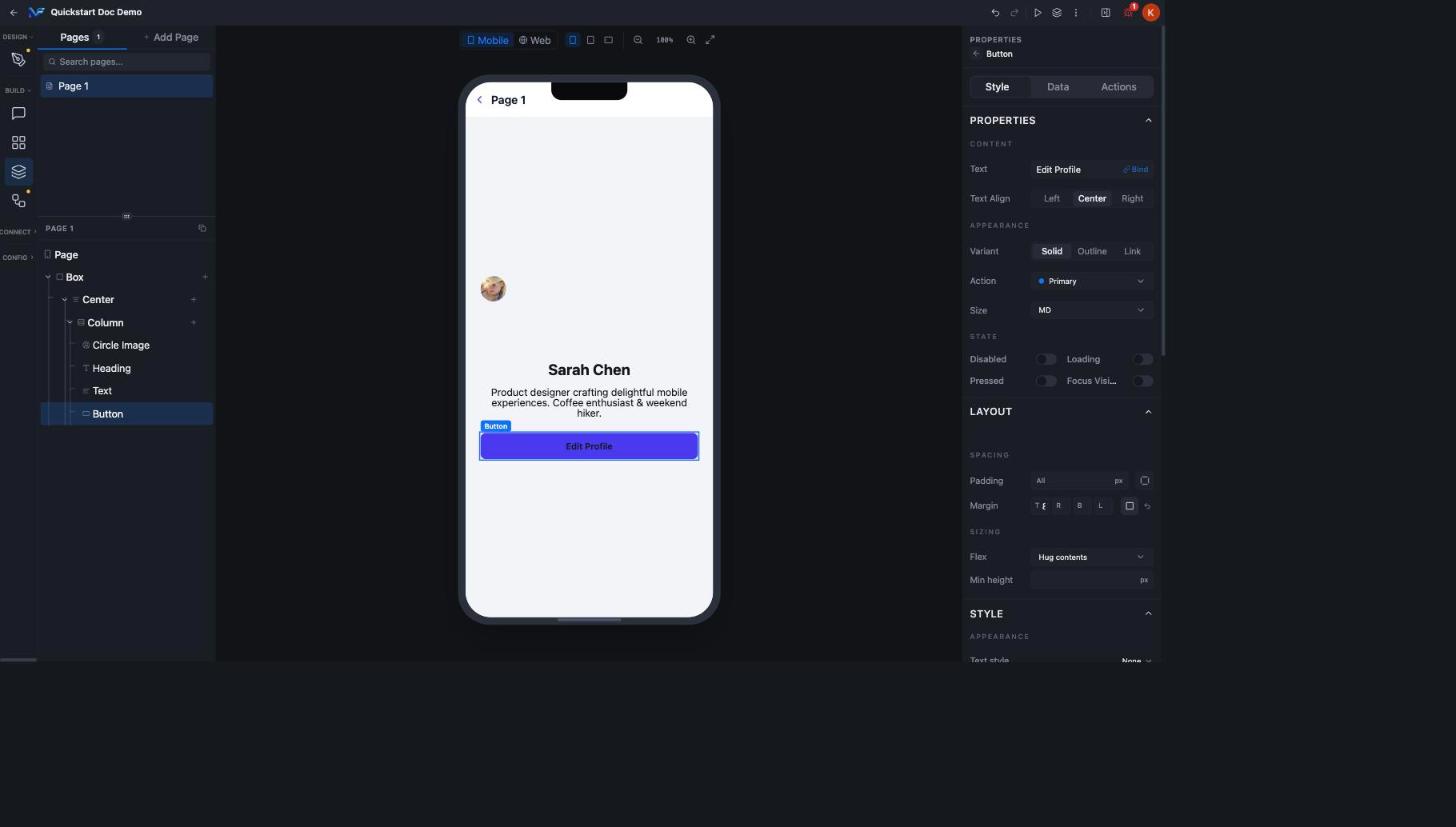 Properties panel for the generated Button