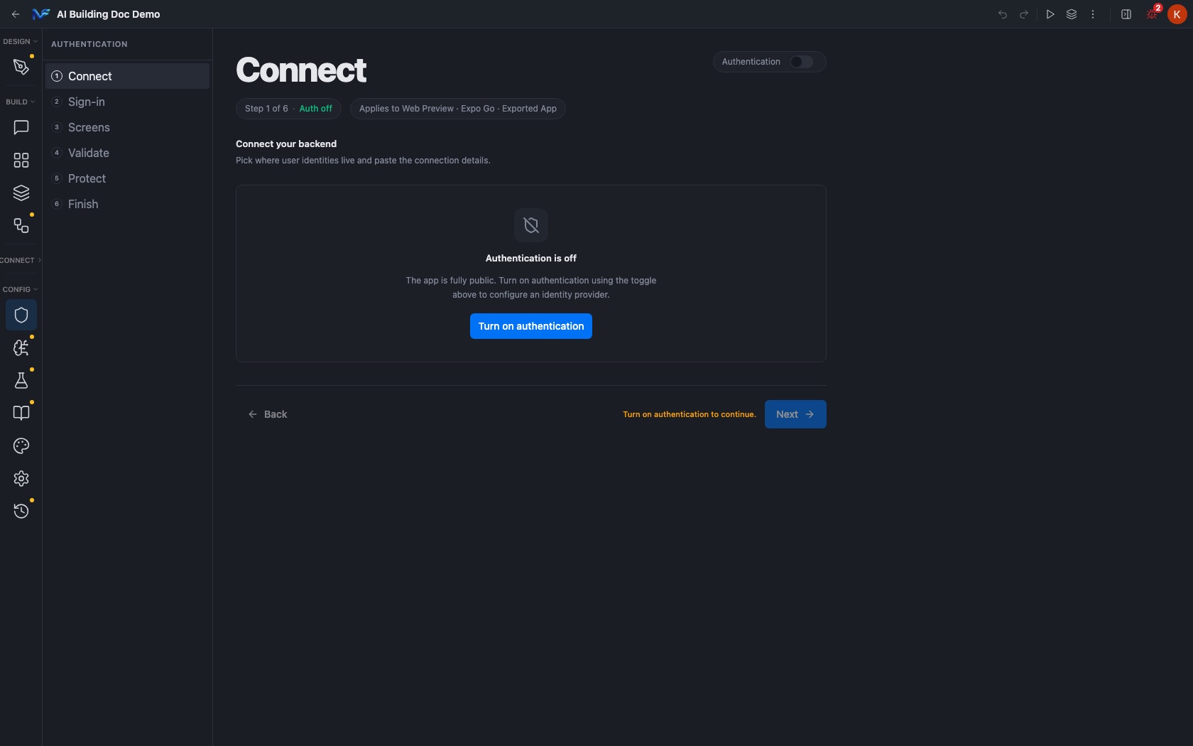 The Authentication pane before the master toggle is on