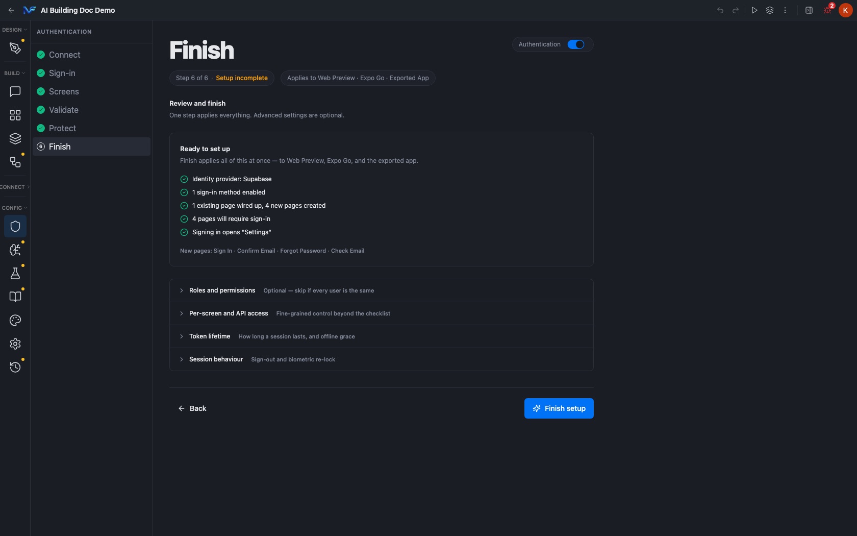The Finish step summary