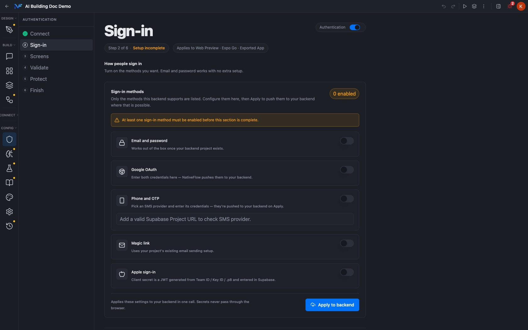 The five sign-in methods on Supabase