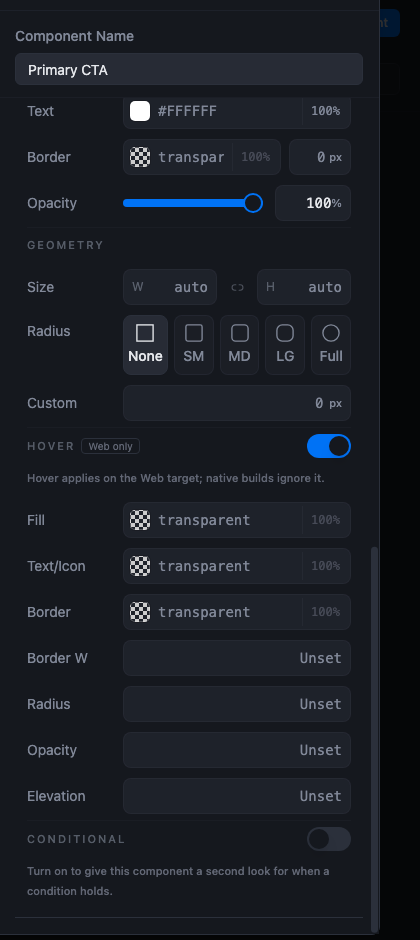 Hover section of the themed component editor