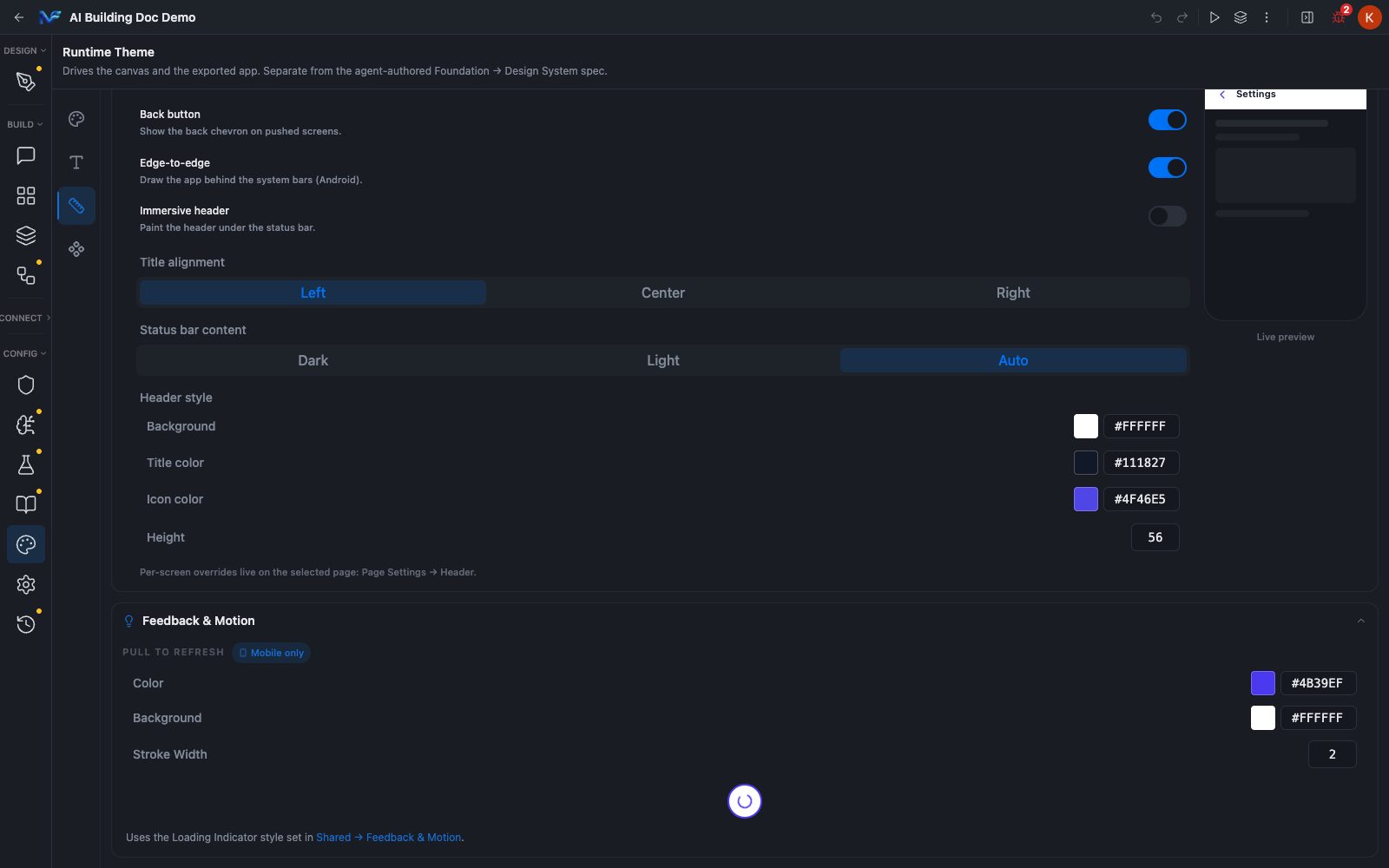 The Header section and its live preview