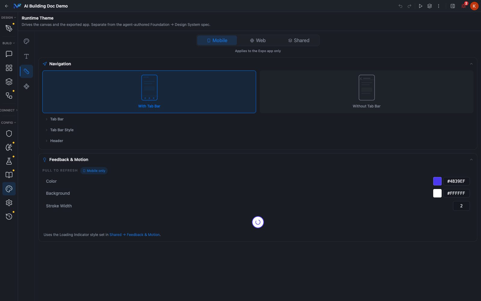 App Config, Mobile tab
