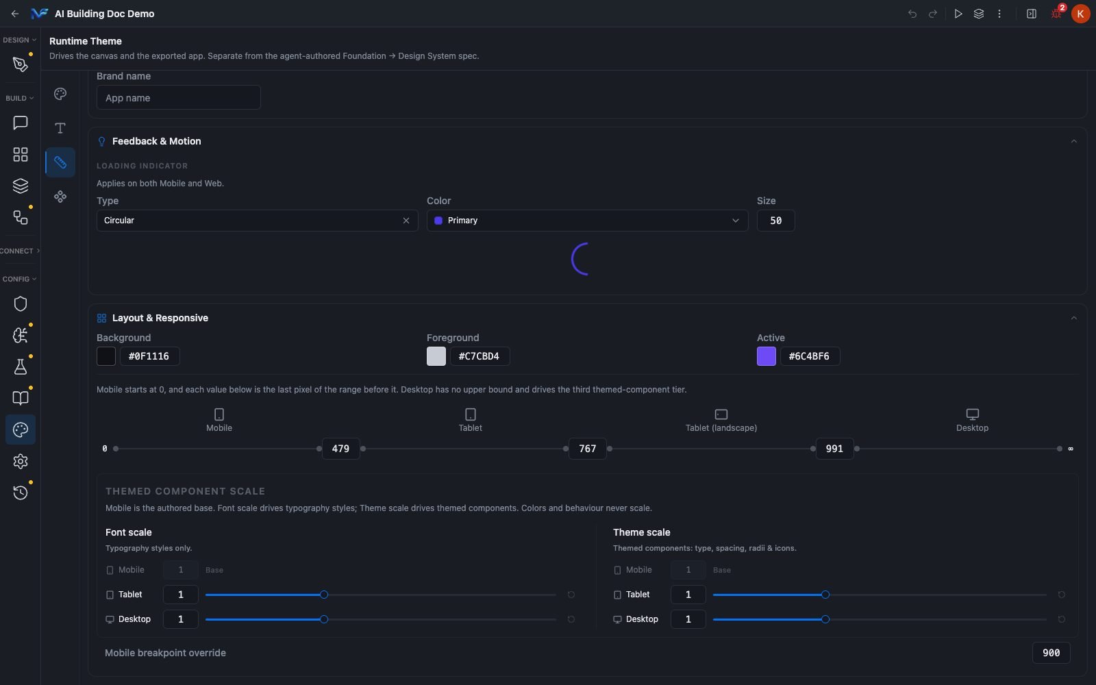 Breakpoints and the font and theme scale sliders