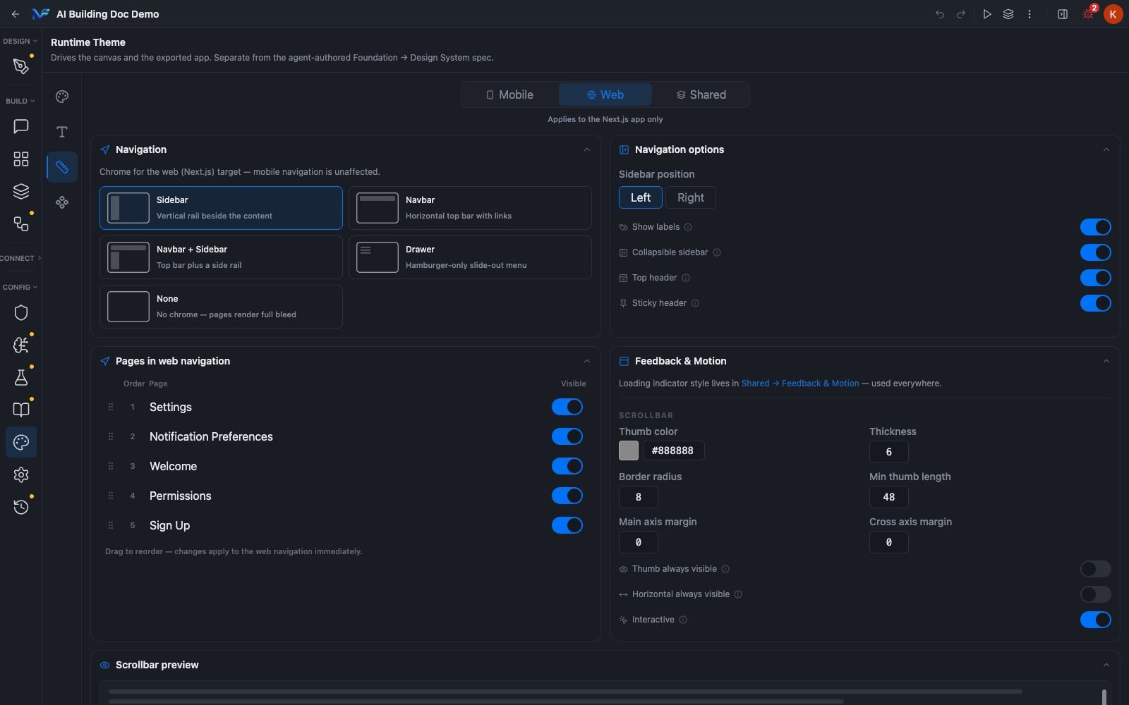 App Config, Web tab