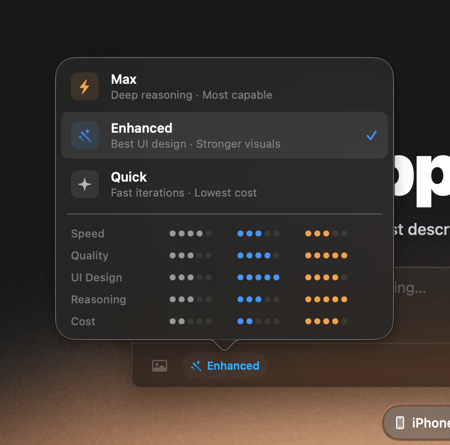 AI mode selector showing Quick, Enhanced, and Max options