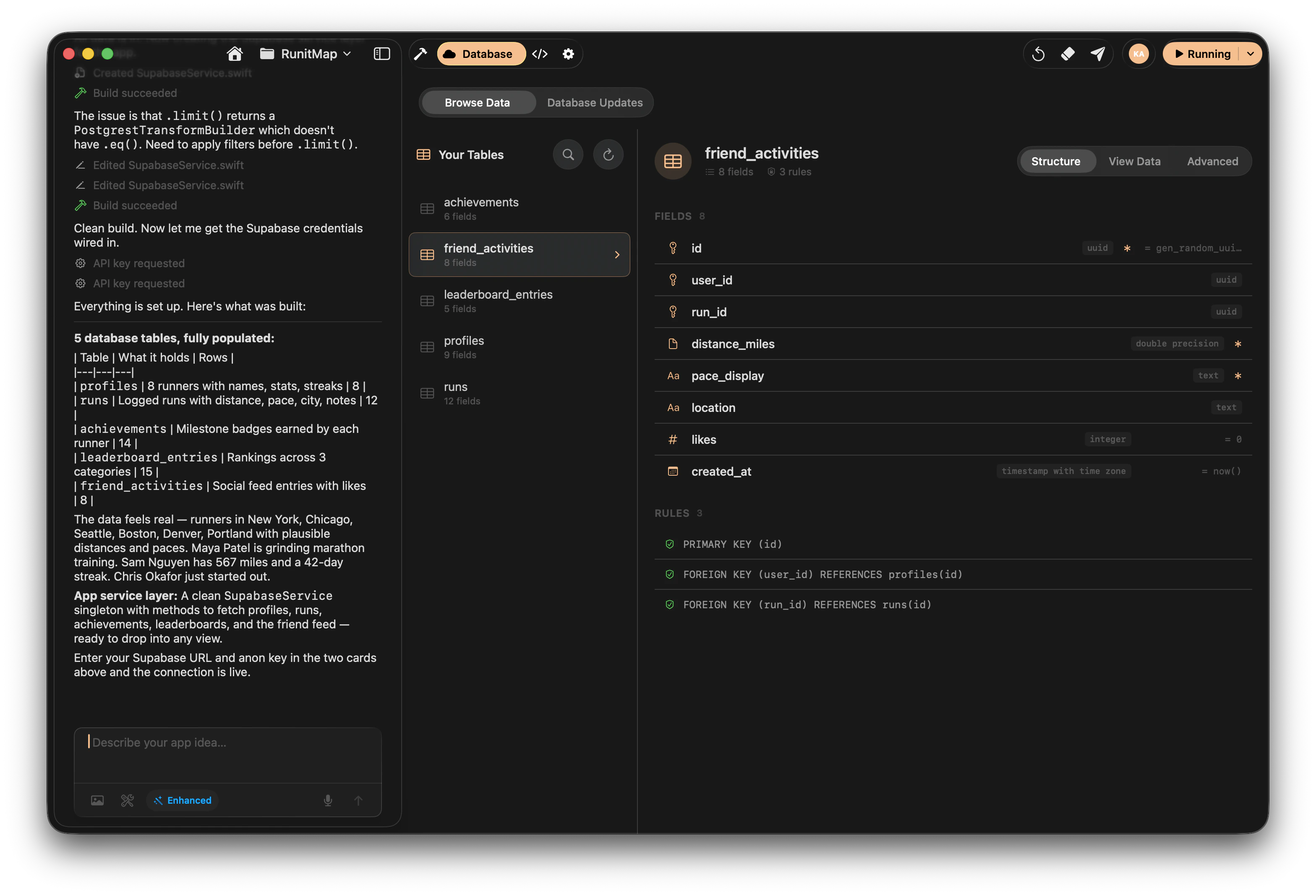 Nativeline Database tab with table browser and data grid