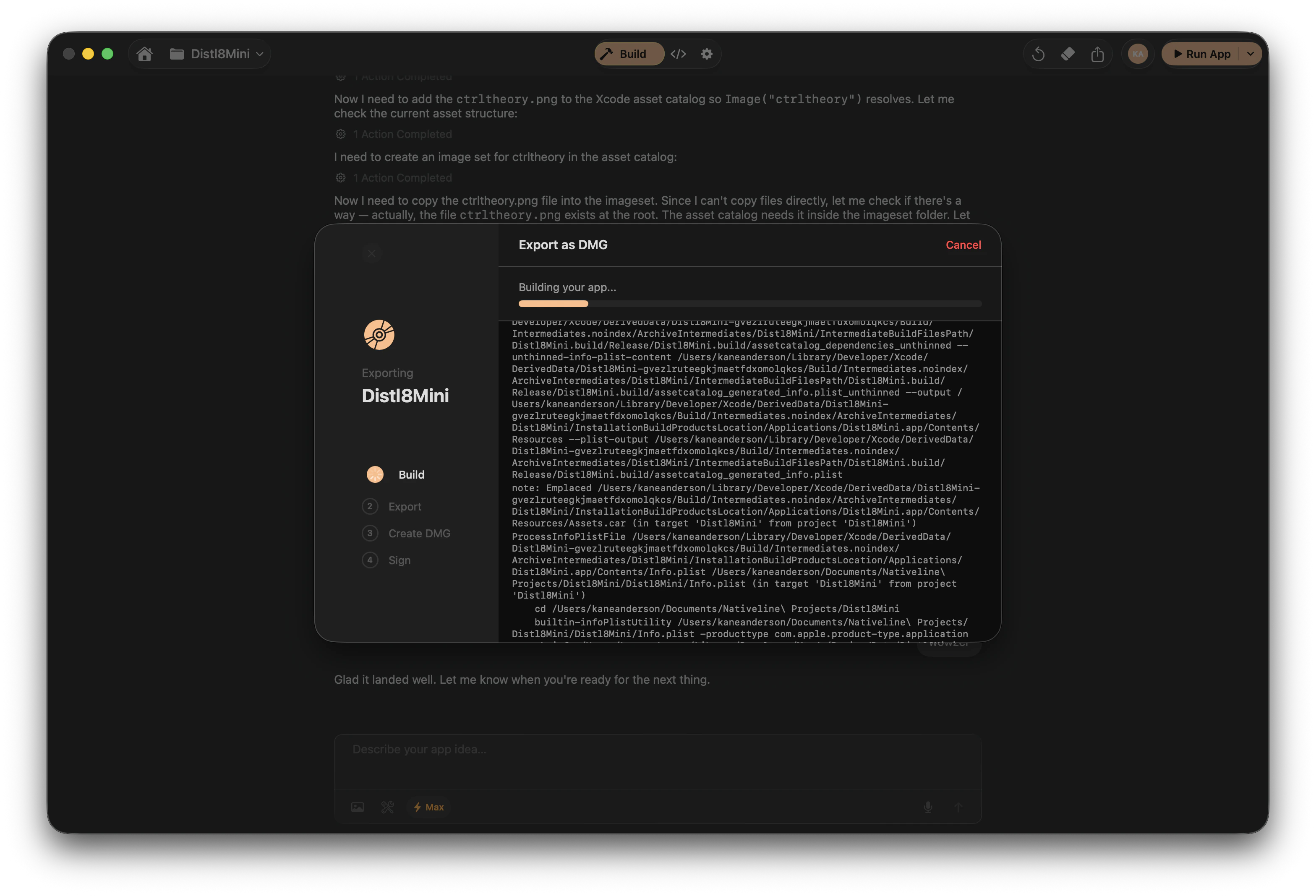 DMG export progress showing signing, packaging, and notarization steps