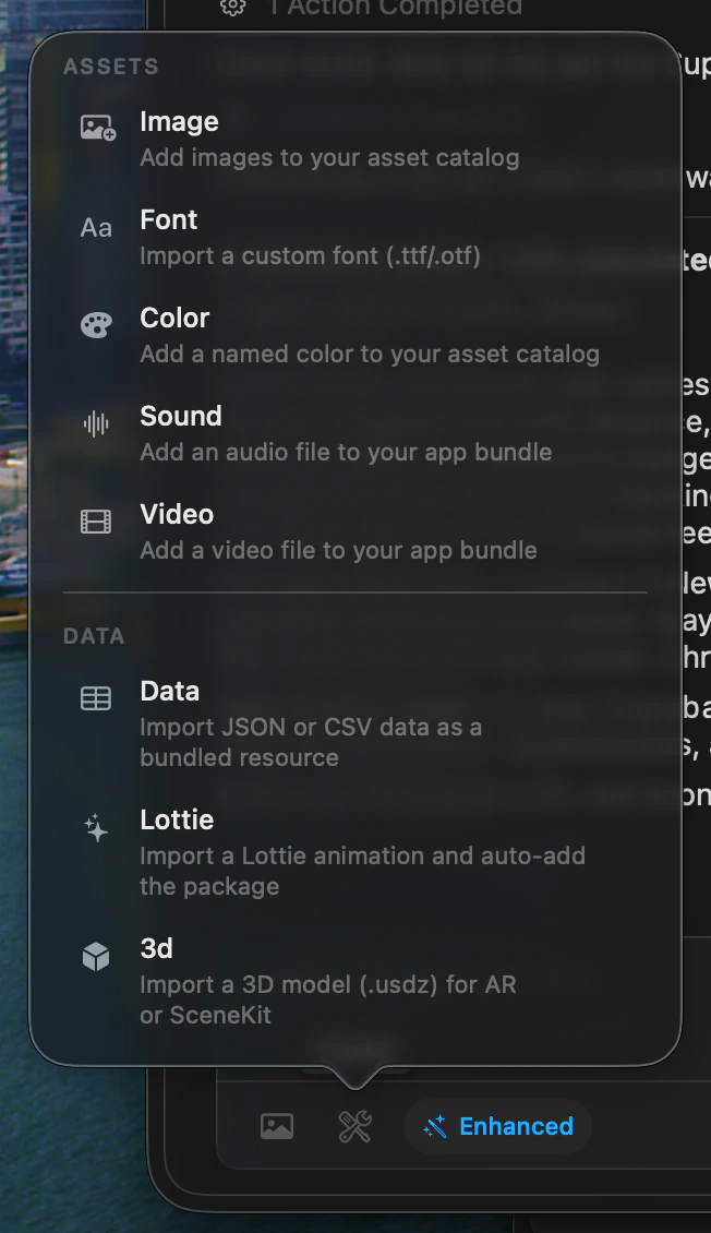Toolkit popover with Assets and Data sections