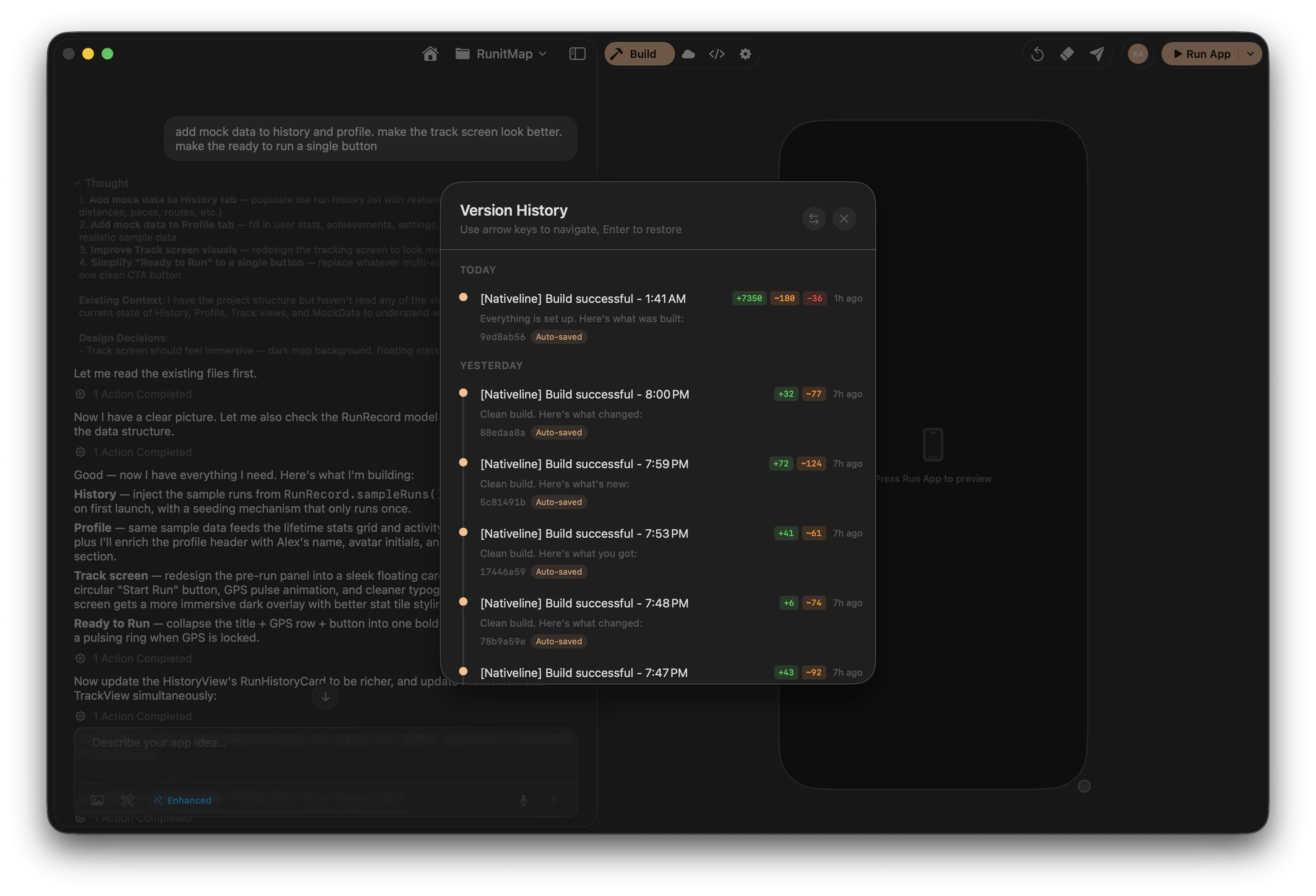 Version history timeline showing changes grouped by day