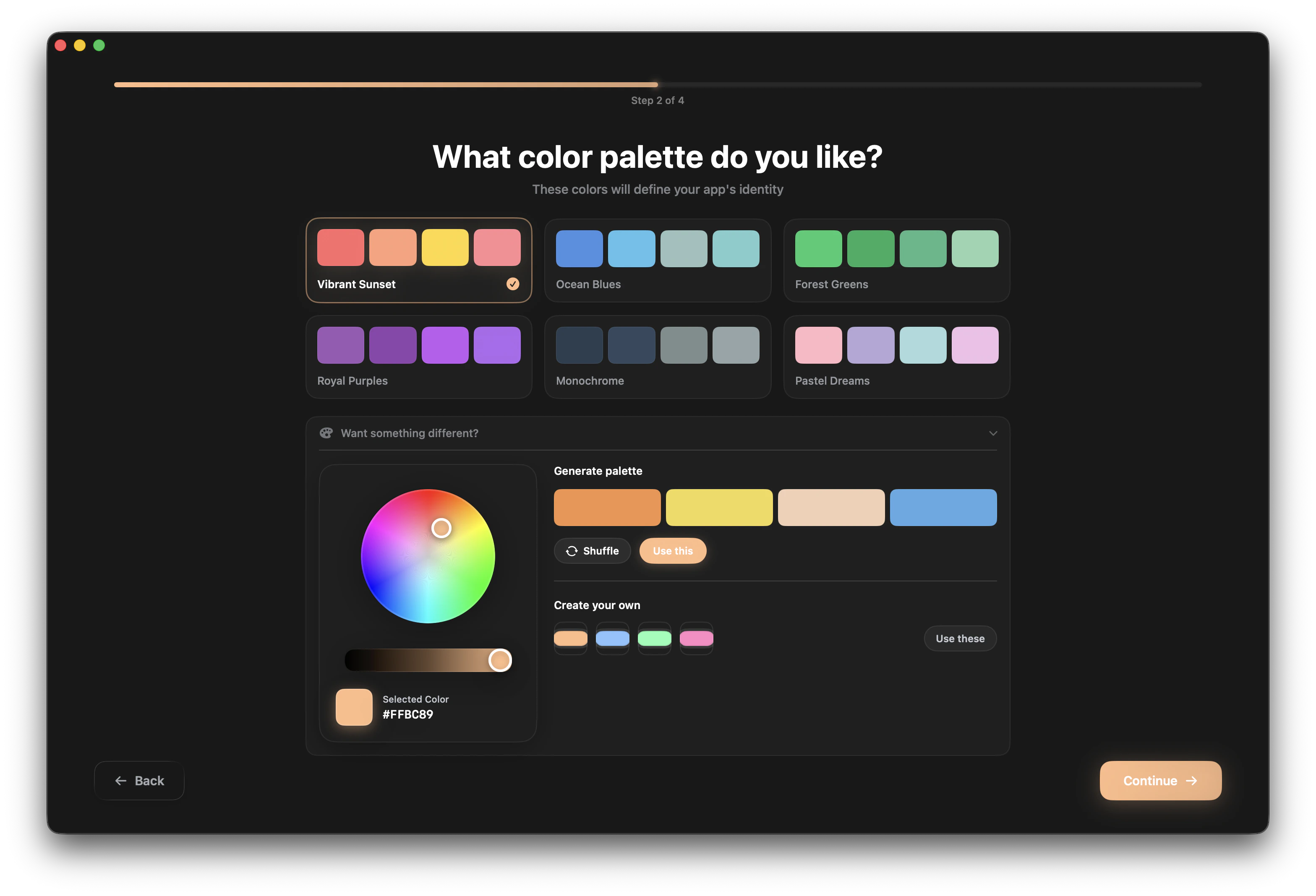 Wizard color palette step showing color wheel and generated palette