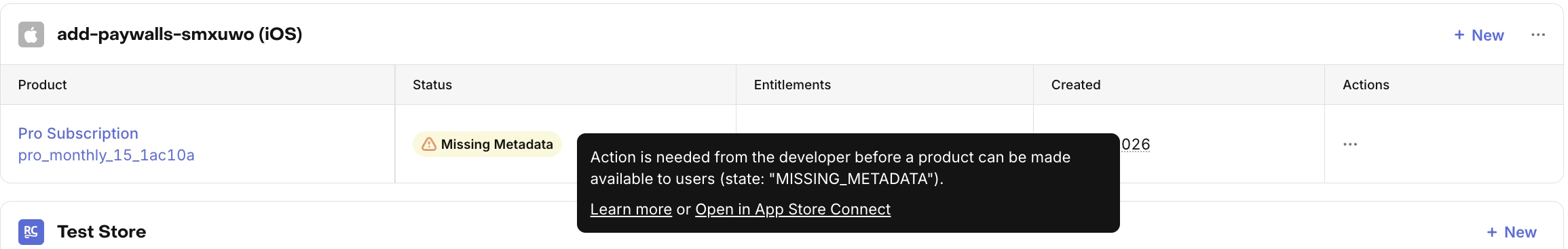 RevenueCat dashboard showing Missing Metadata status on a subscription product