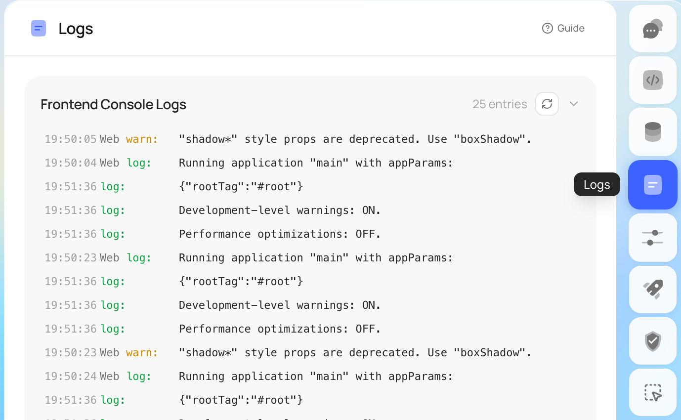Frontend Console Logs panel