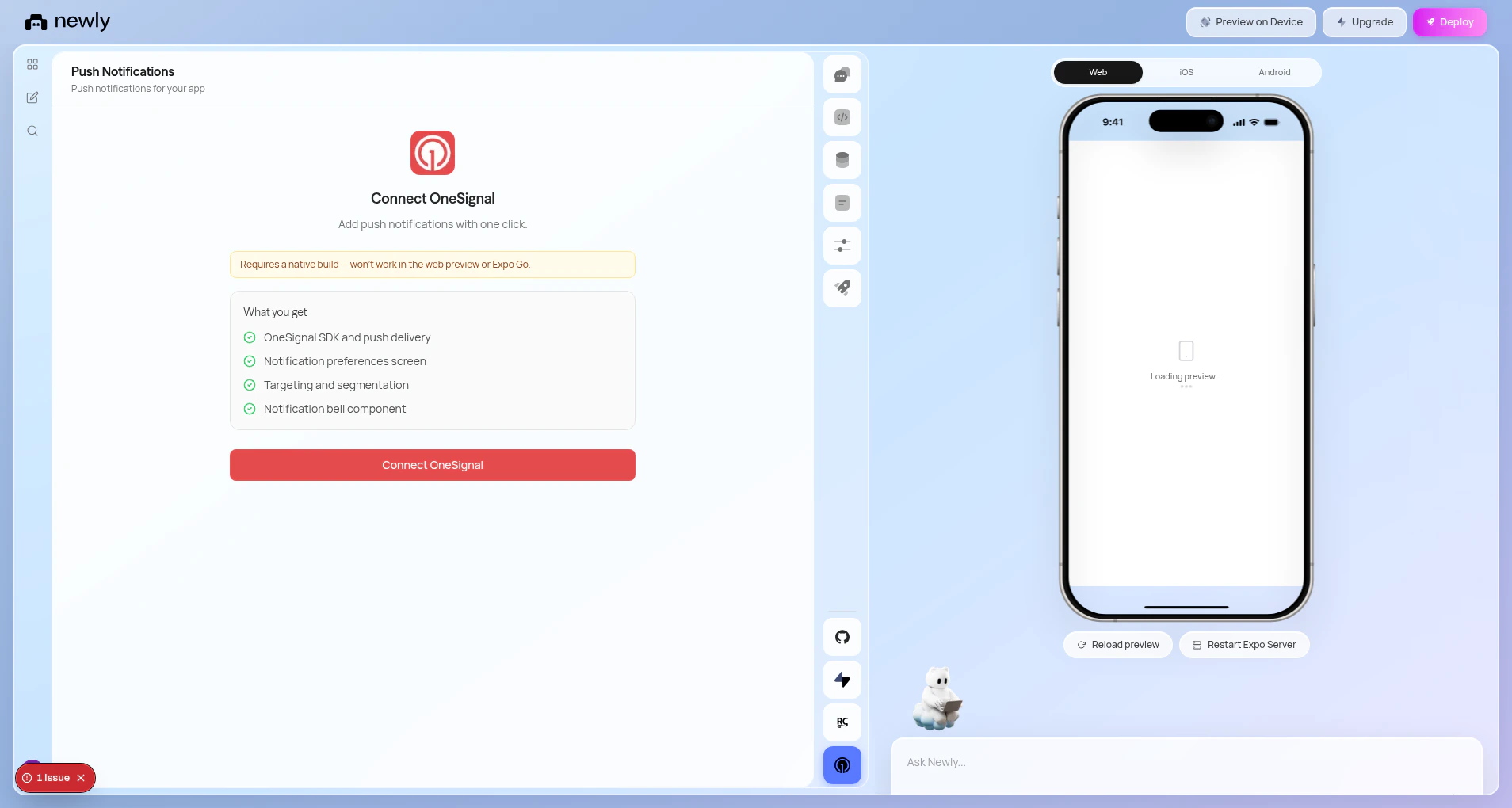 OneSignal connect panel