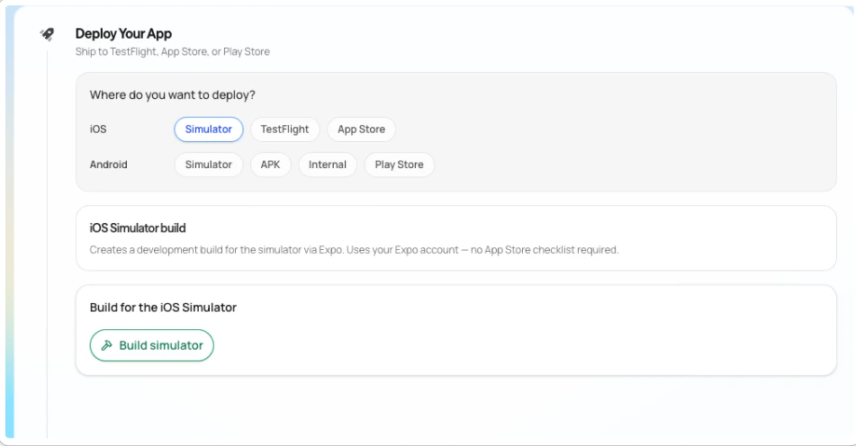 Deploy panel with Simulator selected