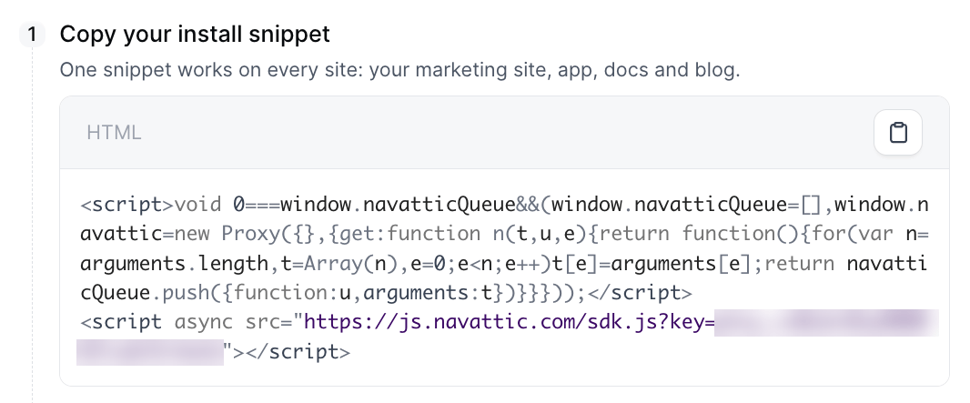 Copy your install snippet step with the Navattic JS snippet and copy button
