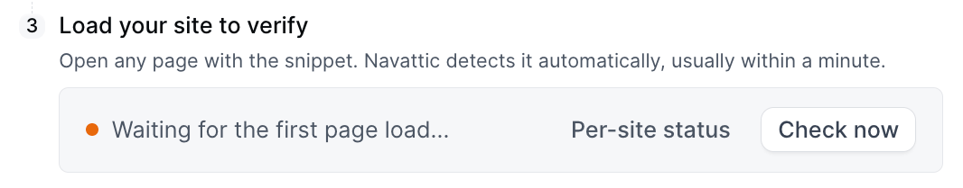 Load your site to verify step with Per-site status and Check now buttons