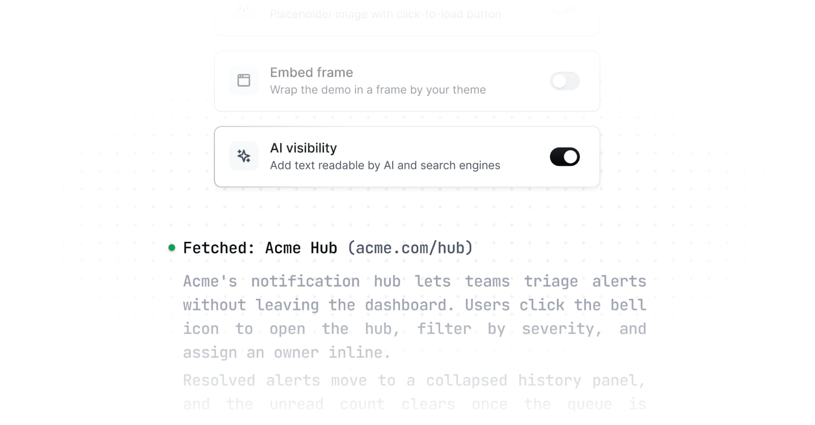 AI visibility toggle in embed customizations