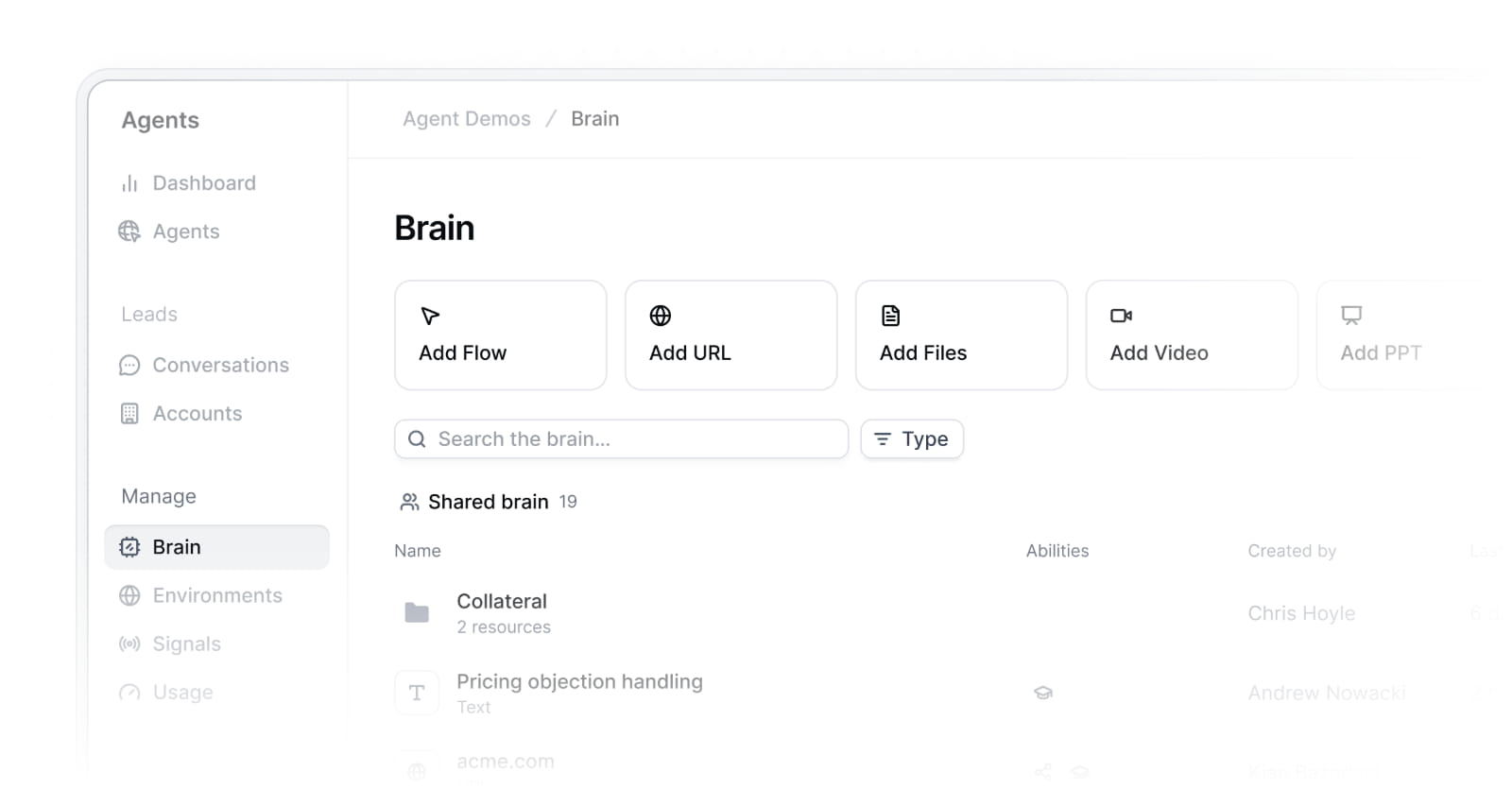 The Brain resource list for a Navattic Agent