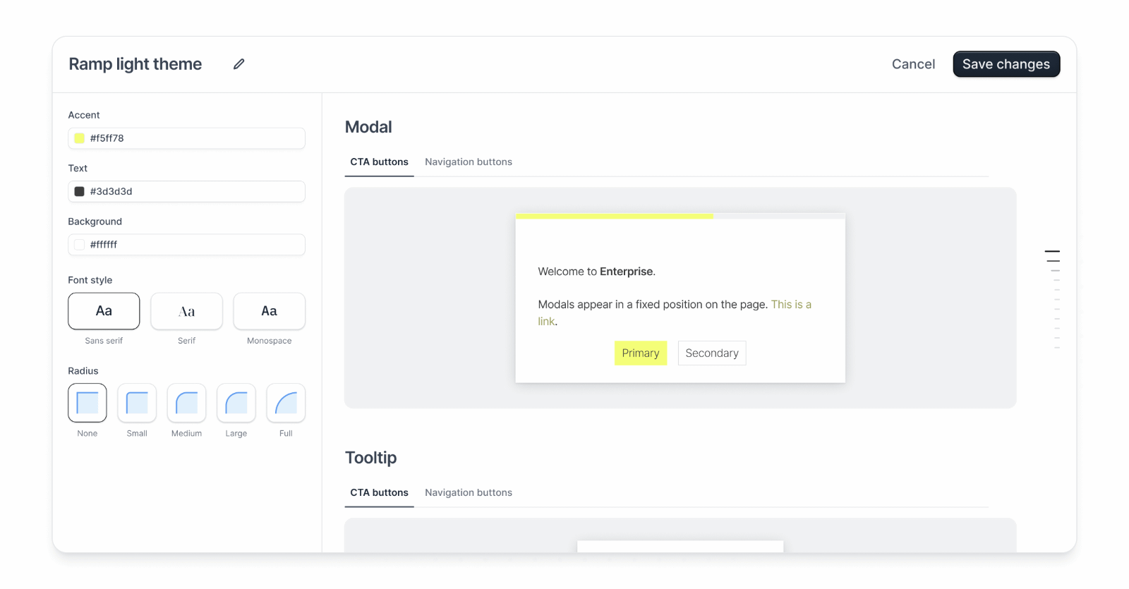 Theme editor inside the demo builder
