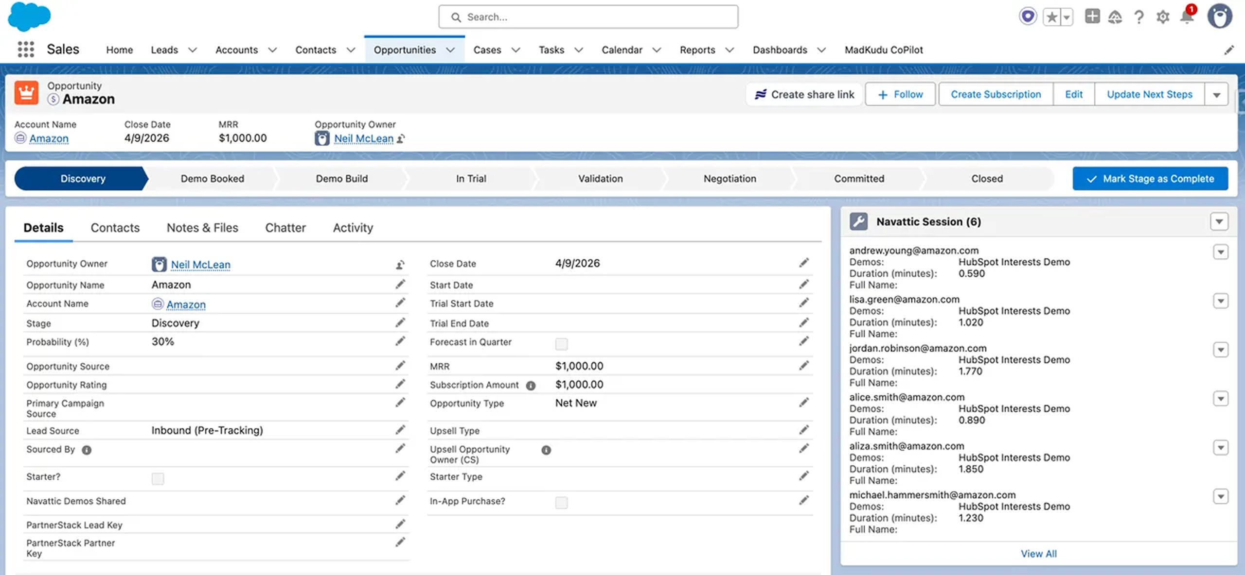 Salesforce Opportunity Navattic Data