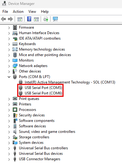 Ports section of Windows Device Manager listing the virtual COM ports
