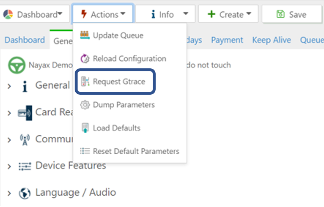 Request Gtrace option in the Nayax Core Actions menu