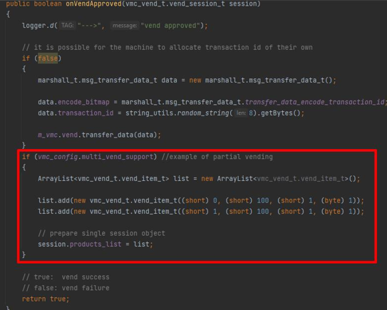 onVendApproved callback in the demo app with the partial vending code added