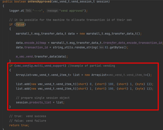 onVendApproved callback in the demo app with the partial vending code added